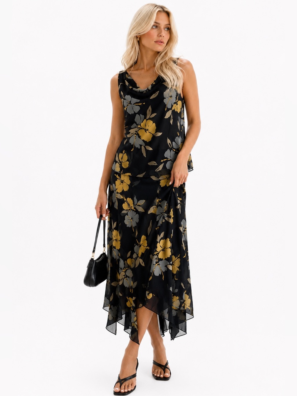 Adrianna Papell Silk Floral Two Piece Skirt Set Navy Blue Yellow Size 12 NWT